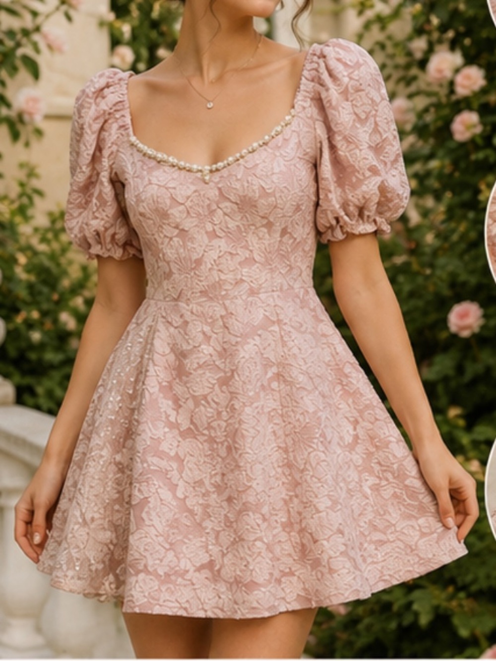 Pink Jacquard Puff Sleeve Pearl Trim Mini Dress Coquette Cottagecore small
